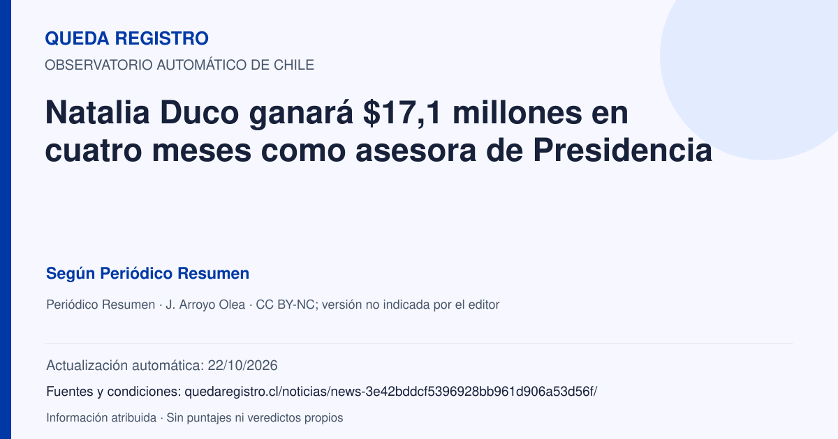 Tarjeta de Queda Registro. Natalia Duco ganará $17,1 millones en cuatro meses como asesora de Presidencia. Título de Periódico Resumen. Publicación: 05/10/2026.. Recopilación automática, sin veredicto propio.