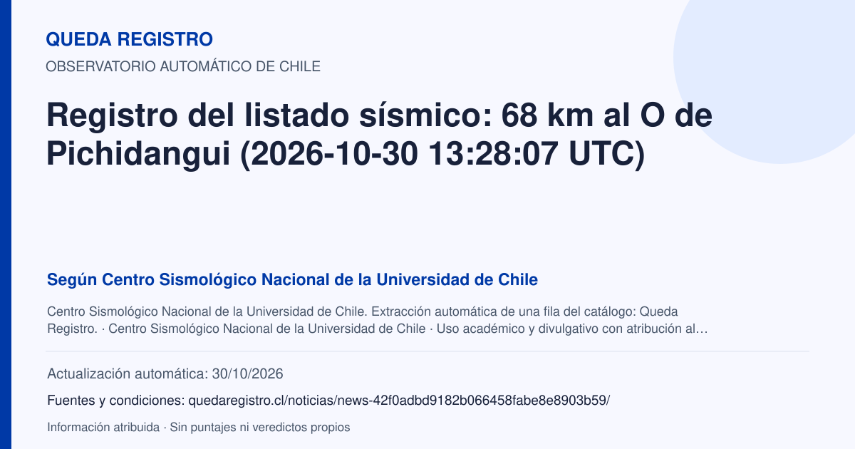 Tarjeta de Queda Registro. Registro del listado sísmico: 68 km al O de Pichidangui (2026-10-30 13:28:07 UTC). Título de Centro Sismológico Nacional de la Universidad de Chile. Publicación: Fecha no disponible.. Recopilación automática, sin veredicto propio.