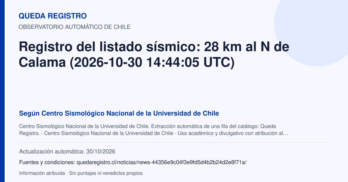 Tarjeta de Queda Registro. Registro del listado sísmico: 28 km al N de Calama (2026-10-30 14:44:05 UTC). Título de Centro Sismológico Nacional de la Universidad de Chile. Publicación: Fecha no disponible.. Recopilación automática, sin veredicto propio.