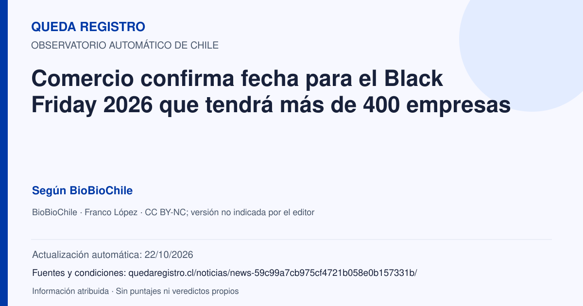 Tarjeta de Queda Registro. Comercio confirma fecha para el Black Friday 2026 que tendrá más de 400 empresas. Título de BioBioChile. Publicación: 20/10/2026.. Recopilación automática, sin veredicto propio.