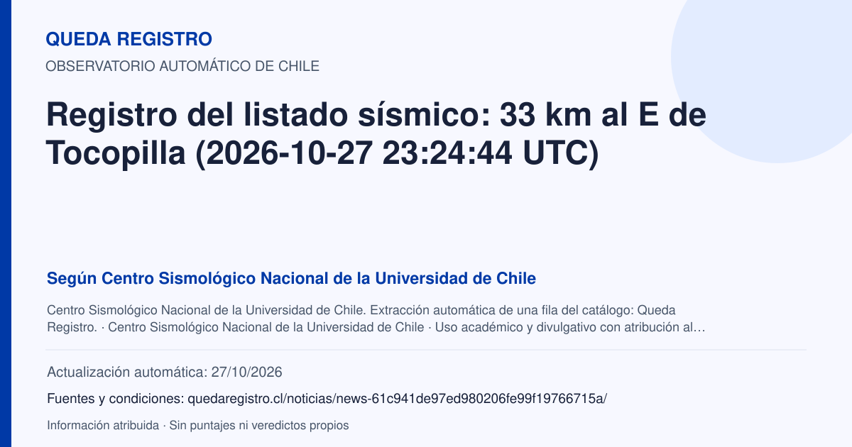 Tarjeta de Queda Registro. Registro del listado sísmico: 33 km al E de Tocopilla (2026-10-27 23:24:44 UTC). Título de Centro Sismológico Nacional de la Universidad de Chile. Publicación: Fecha no disponible.. Recopilación automática, sin veredicto propio.