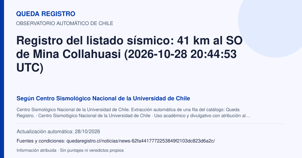 Tarjeta de Queda Registro. Registro del listado sísmico: 41 km al SO de Mina Collahuasi (2026-10-28 20:44:53 UTC). Título de Centro Sismológico Nacional de la Universidad de Chile. Publicación: Fecha no disponible.. Recopilación automática, sin veredicto propio.