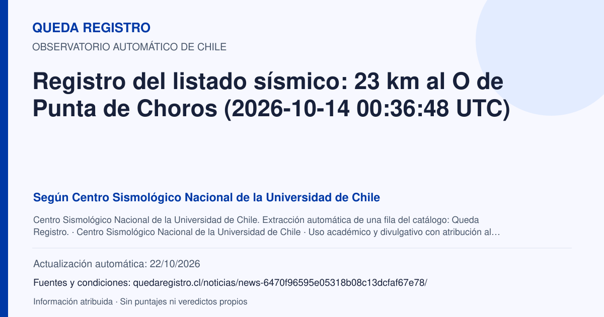 Tarjeta de Queda Registro. Registro del listado sísmico: 23 km al O de Punta de Choros (2026-10-14 00:36:48 UTC). Título de Centro Sismológico Nacional de la Universidad de Chile. Publicación: Fecha no disponible.. Recopilación automática, sin veredicto propio.