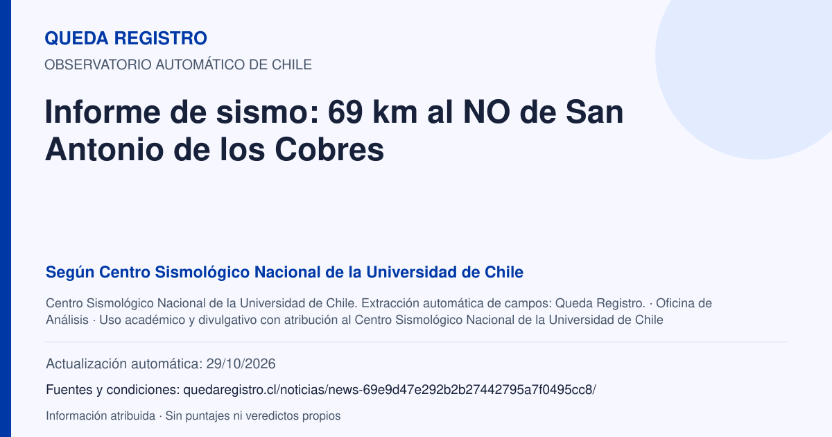 Tarjeta de Queda Registro. Informe de sismo: 69 km al NO de San Antonio de los Cobres. Título de Centro Sismológico Nacional de la Universidad de Chile. Publicación: Fecha no disponible.. Recopilación automática, sin veredicto propio.