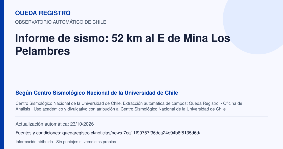 Tarjeta de Queda Registro. Informe de sismo: 52 km al E de Mina Los Pelambres. Título de Centro Sismológico Nacional de la Universidad de Chile. Publicación: Fecha no disponible.. Recopilación automática, sin veredicto propio.