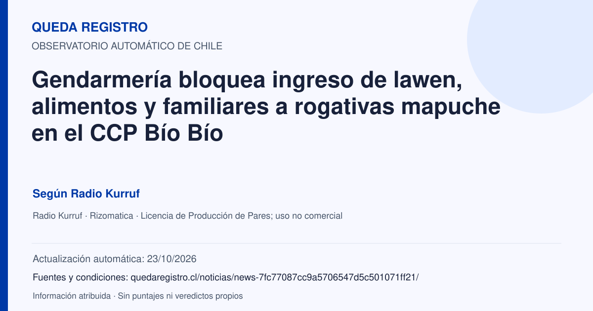 Tarjeta de Queda Registro. Gendarmería bloquea ingreso de lawen, alimentos y familiares a rogativas mapuche en el CCP Bío Bío. Título de Radio Kurruf. Publicación: 22/10/2026.. Recopilación automática, sin veredicto propio.