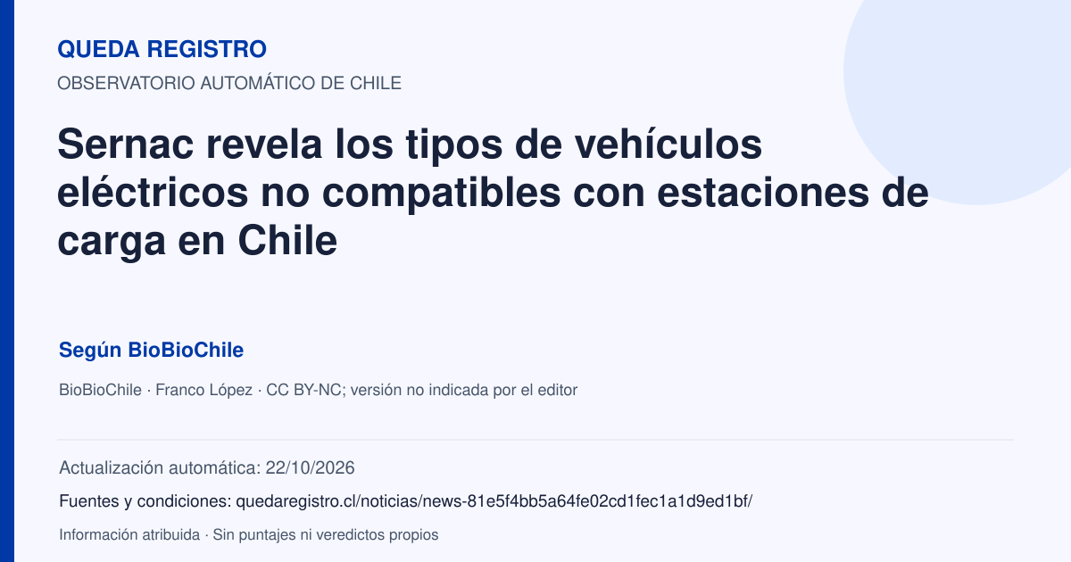 Tarjeta de Queda Registro. Sernac revela los tipos de vehículos eléctricos no compatibles con estaciones de carga en Chile. Título de BioBioChile. Publicación: 24/09/2026.. Recopilación automática, sin veredicto propio.