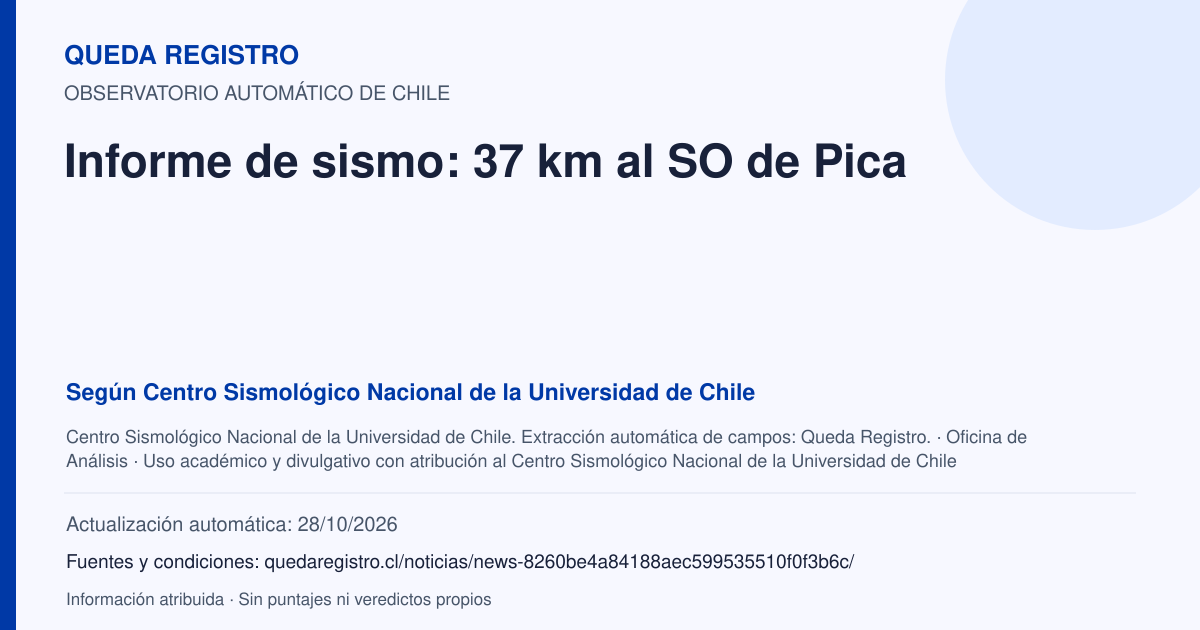 Tarjeta de Queda Registro. Informe de sismo: 37 km al SO de Pica. Título de Centro Sismológico Nacional de la Universidad de Chile. Publicación: Fecha no disponible.. Recopilación automática, sin veredicto propio.