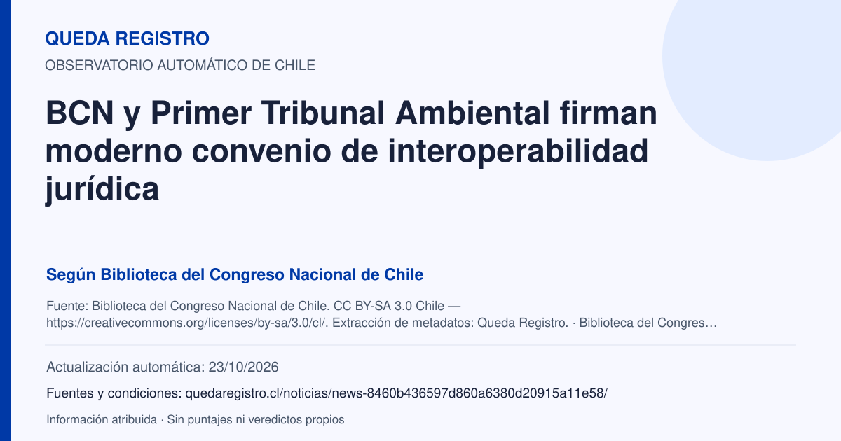 Tarjeta de Queda Registro. BCN y Primer Tribunal Ambiental firman moderno convenio de interoperabilidad jurídica. Título de Biblioteca del Congreso Nacional de Chile. Publicación: 22/10/2026.. Recopilación automática, sin veredicto propio.