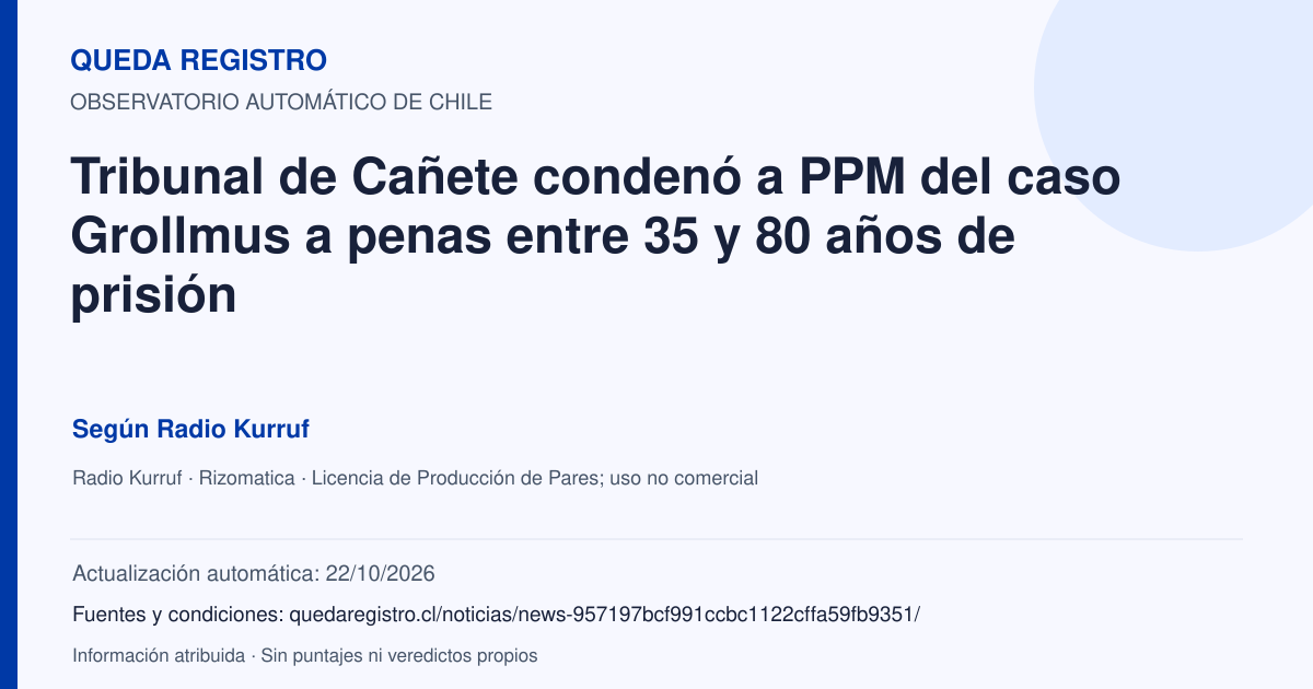 Tarjeta de Queda Registro. Tribunal de Cañete condenó a PPM del caso Grollmus a penas entre 35 y 80 años de prisión. Título de Radio Kurruf. Publicación: 21/09/2026.. Recopilación automática, sin veredicto propio.