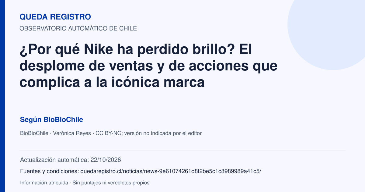 Tarjeta de Queda Registro. ¿Por qué Nike ha perdido brillo? El desplome de ventas y de acciones que complica a la icónica marca. Título de BioBioChile. Publicación: 24/09/2026.. Recopilación automática, sin veredicto propio.