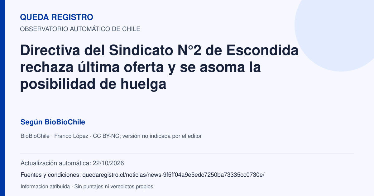 Tarjeta de Queda Registro. Directiva del Sindicato N°2 de Escondida rechaza última oferta y se asoma la posibilidad de huelga. Título de BioBioChile. Publicación: 23/09/2026.. Recopilación automática, sin veredicto propio.