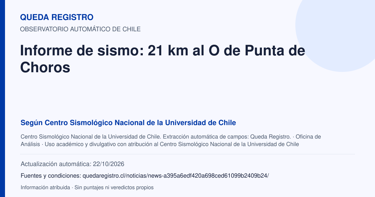 Tarjeta de Queda Registro. Informe de sismo: 21 km al O de Punta de Choros. Título de Centro Sismológico Nacional de la Universidad de Chile. Publicación: Fecha no disponible.. Recopilación automática, sin veredicto propio.