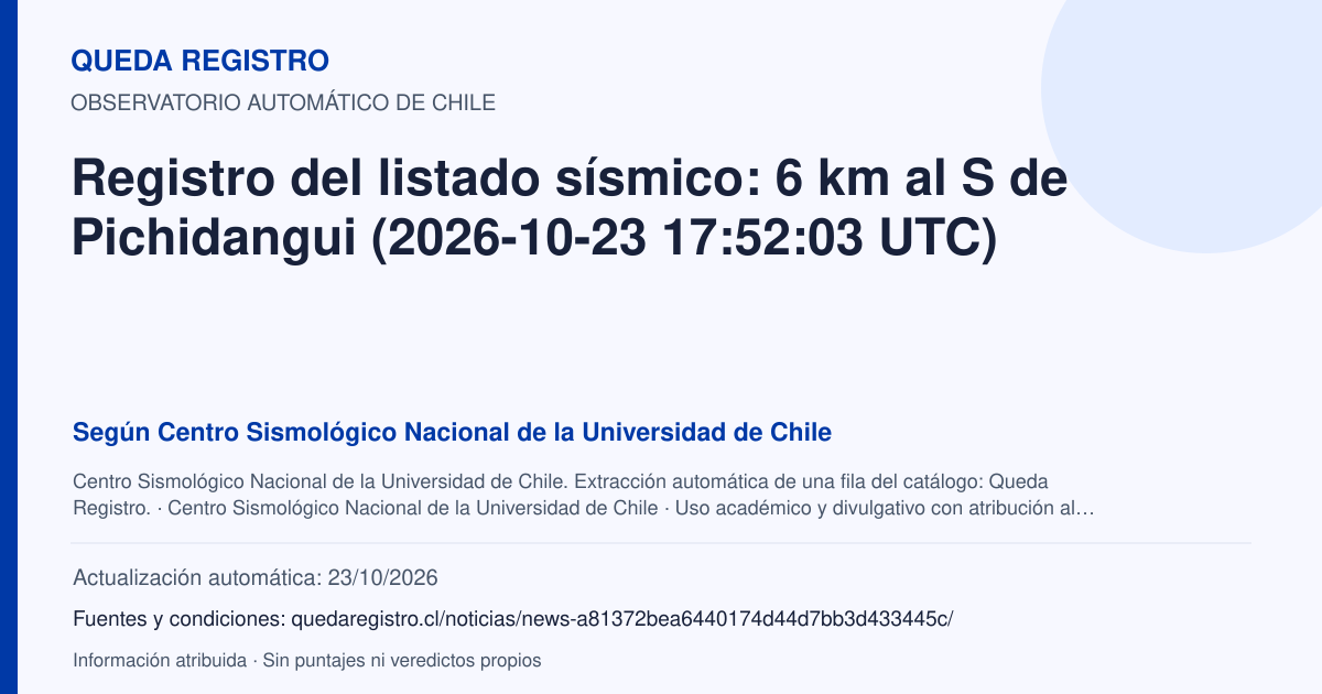 Tarjeta de Queda Registro. Registro del listado sísmico: 6 km al S de Pichidangui (2026-10-23 17:52:03 UTC). Título de Centro Sismológico Nacional de la Universidad de Chile. Publicación: Fecha no disponible.. Recopilación automática, sin veredicto propio.