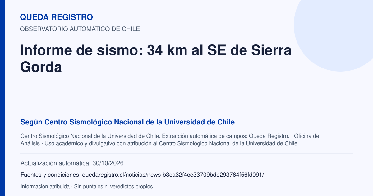 Tarjeta de Queda Registro. Informe de sismo: 34 km al SE de Sierra Gorda. Título de Centro Sismológico Nacional de la Universidad de Chile. Publicación: Fecha no disponible.. Recopilación automática, sin veredicto propio.