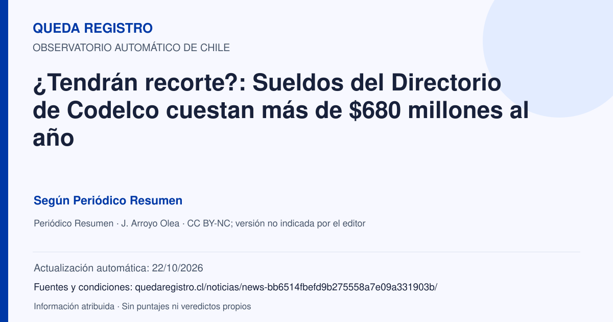 Tarjeta de Queda Registro. ¿Tendrán recorte?: Sueldos del Directorio de Codelco cuestan más de $680 millones al año. Título de Periódico Resumen. Publicación: 19/10/2026.. Recopilación automática, sin veredicto propio.