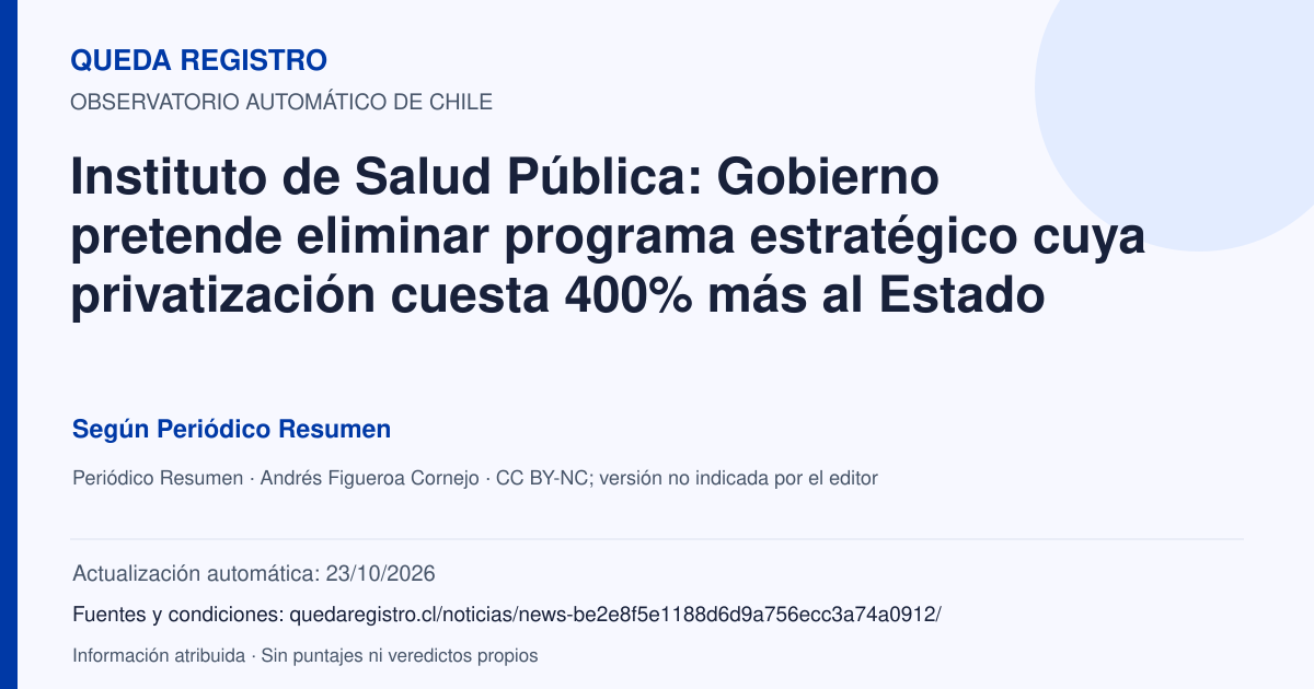 Tarjeta de Queda Registro. Instituto de Salud Pública: Gobierno pretende eliminar programa estratégico cuya privatización cuesta 400% más al Estado. Título de Periódico Resumen. Publicación: 17/06/2026.. Recopilación automática, sin veredicto propio.