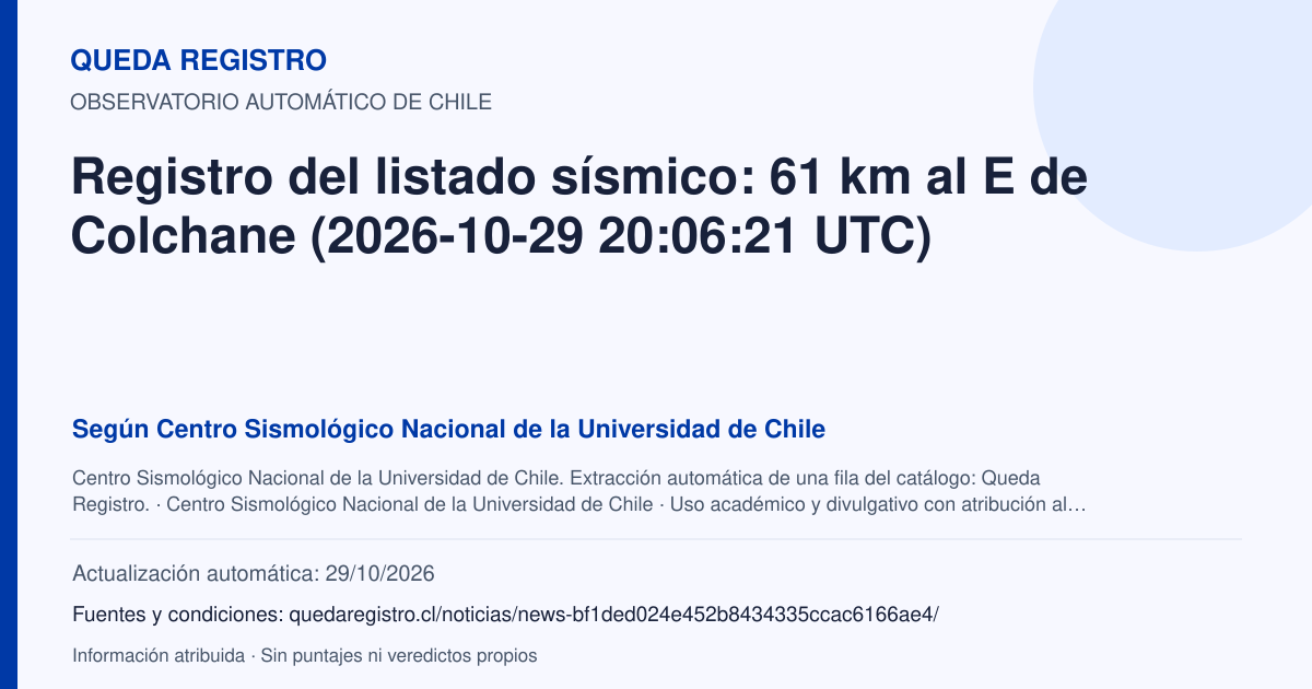 Tarjeta de Queda Registro. Registro del listado sísmico: 61 km al E de Colchane (2026-10-29 20:06:21 UTC). Título de Centro Sismológico Nacional de la Universidad de Chile. Publicación: Fecha no disponible.. Recopilación automática, sin veredicto propio.