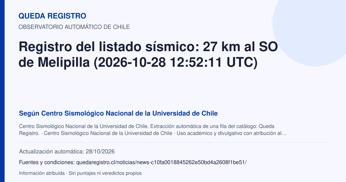 Tarjeta de Queda Registro. Registro del listado sísmico: 27 km al SO de Melipilla (2026-10-28 12:52:11 UTC). Título de Centro Sismológico Nacional de la Universidad de Chile. Publicación: Fecha no disponible.. Recopilación automática, sin veredicto propio.