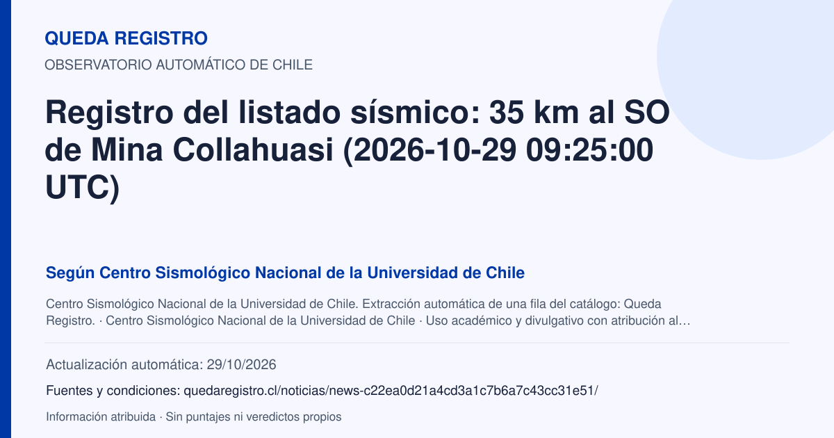 Tarjeta de Queda Registro. Registro del listado sísmico: 35 km al SO de Mina Collahuasi (2026-10-29 09:25:00 UTC). Título de Centro Sismológico Nacional de la Universidad de Chile. Publicación: Fecha no disponible.. Recopilación automática, sin veredicto propio.