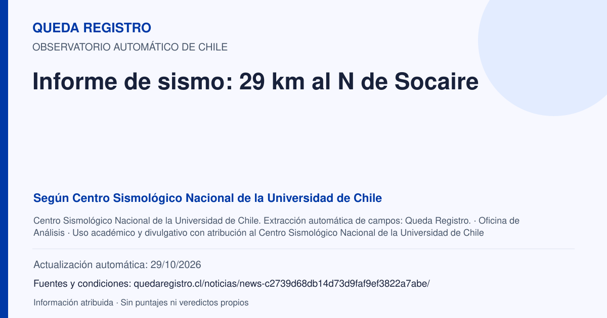 Tarjeta de Queda Registro. Informe de sismo: 29 km al N de Socaire. Título de Centro Sismológico Nacional de la Universidad de Chile. Publicación: Fecha no disponible.. Recopilación automática, sin veredicto propio.