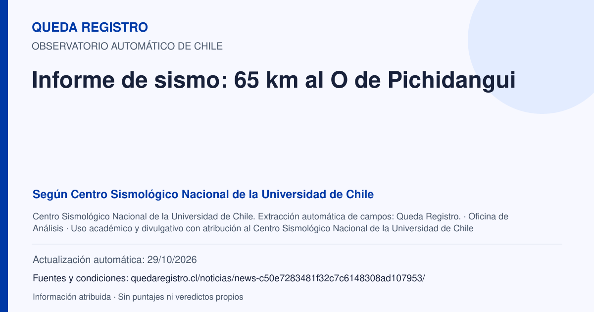 Tarjeta de Queda Registro. Informe de sismo: 65 km al O de Pichidangui. Título de Centro Sismológico Nacional de la Universidad de Chile. Publicación: Fecha no disponible.. Recopilación automática, sin veredicto propio.
