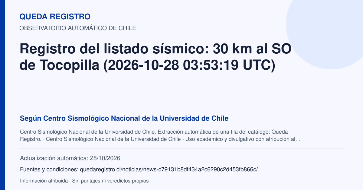 Tarjeta de Queda Registro. Registro del listado sísmico: 30 km al SO de Tocopilla (2026-10-28 03:53:19 UTC). Título de Centro Sismológico Nacional de la Universidad de Chile. Publicación: Fecha no disponible.. Recopilación automática, sin veredicto propio.