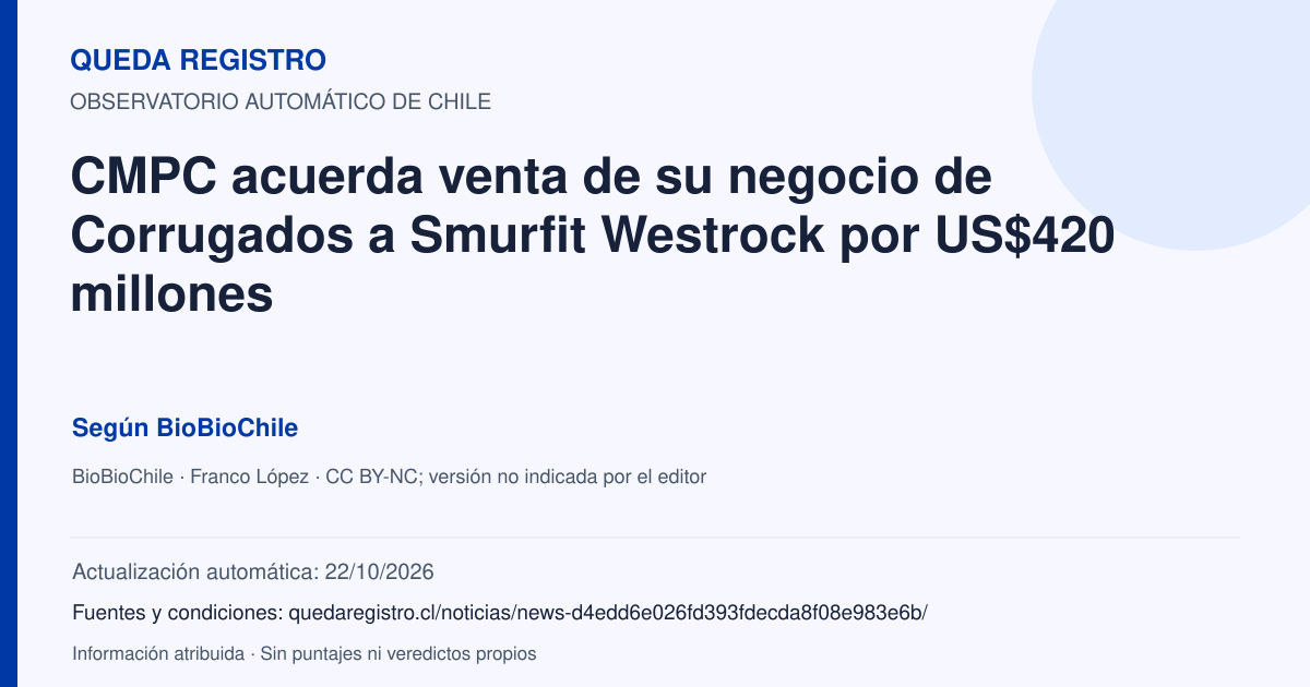 Tarjeta de Queda Registro. CMPC acuerda venta de su negocio de Corrugados a Smurfit Westrock por US$420 millones. Título de BioBioChile. Publicación: 23/09/2026.. Recopilación automática, sin veredicto propio.