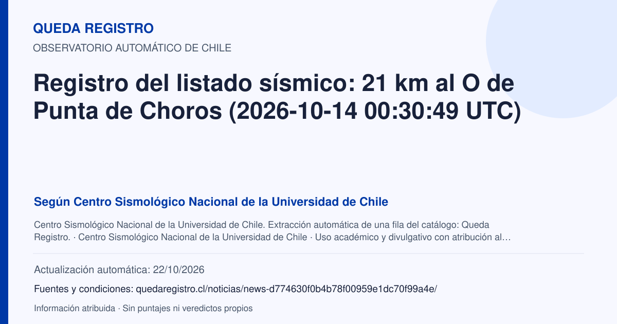 Tarjeta de Queda Registro. Registro del listado sísmico: 21 km al O de Punta de Choros (2026-10-14 00:30:49 UTC). Título de Centro Sismológico Nacional de la Universidad de Chile. Publicación: Fecha no disponible.. Recopilación automática, sin veredicto propio.