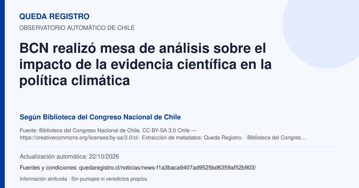 Tarjeta de Queda Registro. BCN realizó mesa de análisis sobre el impacto de la evidencia científica en la política climática. Título de Biblioteca del Congreso Nacional de Chile. Publicación: 19/10/2026.. Recopilación automática, sin veredicto propio.