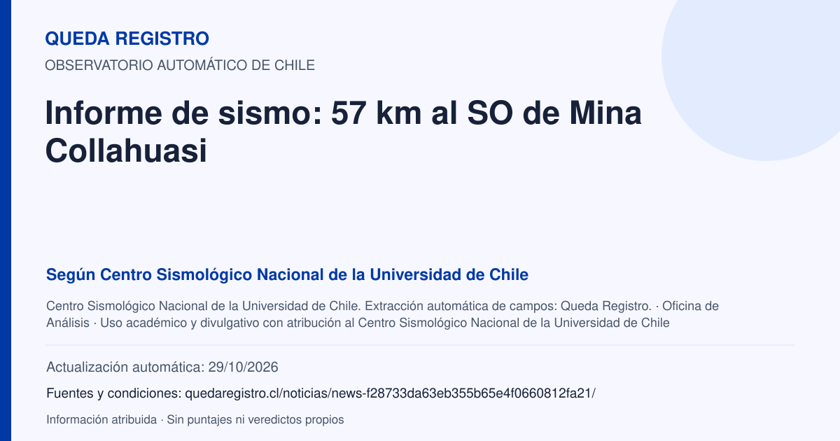 Tarjeta de Queda Registro. Informe de sismo: 57 km al SO de Mina Collahuasi. Título de Centro Sismológico Nacional de la Universidad de Chile. Publicación: Fecha no disponible.. Recopilación automática, sin veredicto propio.