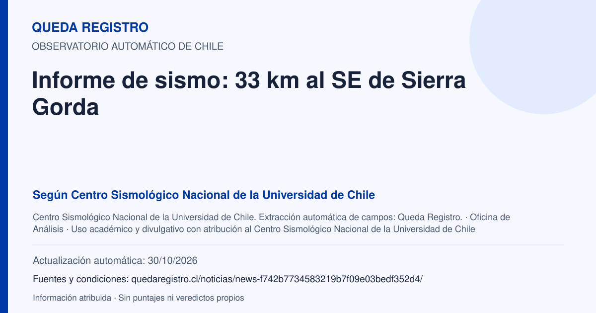 Tarjeta de Queda Registro. Informe de sismo: 33 km al SE de Sierra Gorda. Título de Centro Sismológico Nacional de la Universidad de Chile. Publicación: Fecha no disponible.. Recopilación automática, sin veredicto propio.