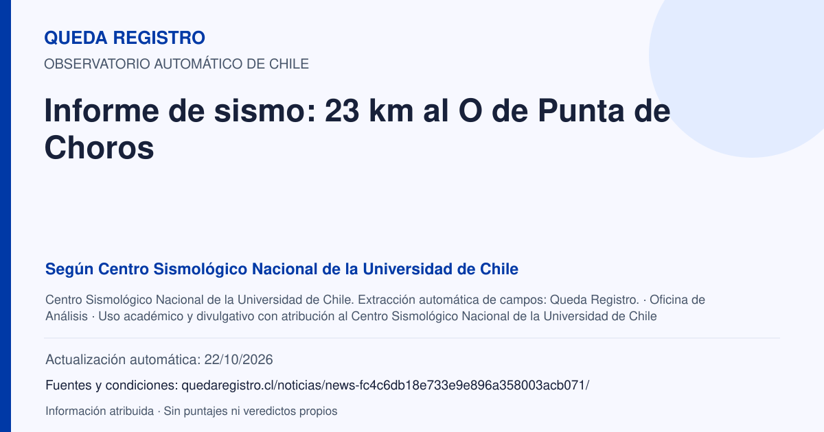 Tarjeta de Queda Registro. Informe de sismo: 23 km al O de Punta de Choros. Título de Centro Sismológico Nacional de la Universidad de Chile. Publicación: Fecha no disponible.. Recopilación automática, sin veredicto propio.