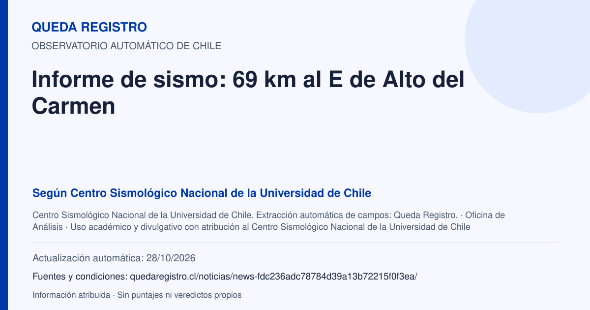 Tarjeta de Queda Registro. Informe de sismo: 69 km al E de Alto del Carmen. Título de Centro Sismológico Nacional de la Universidad de Chile. Publicación: Fecha no disponible.. Recopilación automática, sin veredicto propio.